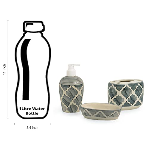 Exclusivelane Moroccan Essentials Handpainted 3 Piece Ceramic Bathroom Accessory, Grey And Off White (Liquid Soap Dispenser, Soa
